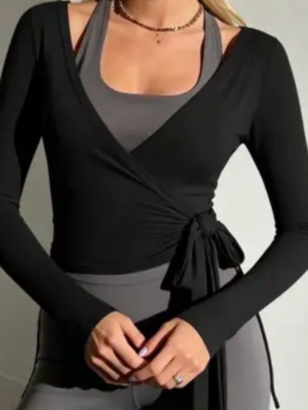 JoyLab Black Wrap-Front Long Sleeve Top